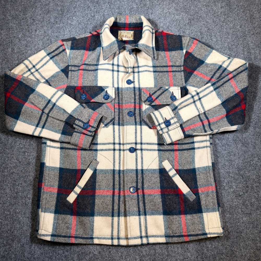 Montana Woolen Shop Plaid Wool Shirtjac Mens L Vintage Heavyweight